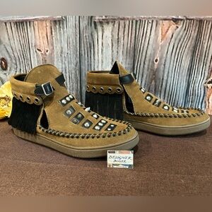 Women’s Fringe Studded Suede Ankle Shoes - Brown